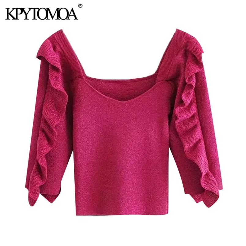 Women Fashion With Ruffle Trims Cropped Knitted Sweater V Neck Half Sleeve Female Pullovers Chic Tops 210420
