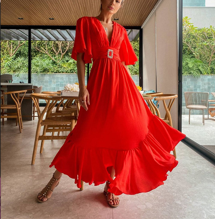 Women Dress Temperament Bohemia Sexy Long Flare Sleeve Ruffles Maxi es V Neck Belt Large Hem Beach es 210513