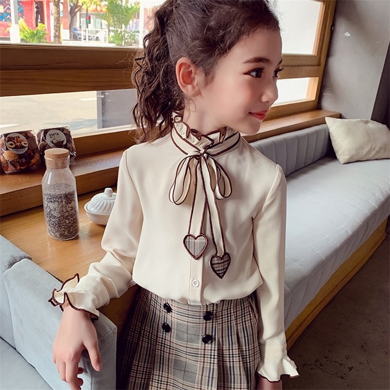 Spring Baby Girls Blouses Kids Bowknot Collar Cotton Shirt Teen Long Sleeve Tops Teenager Blouse 4 5 6 7 8 9 10 14Years 220228