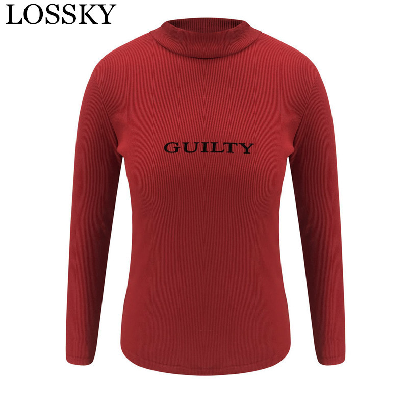 Letter Knitted Bodycon Red Long Sleeve T-shirt Casual High Collar Basic Women Autumn Winter Shirts Fall Top Tees Slim T 210507