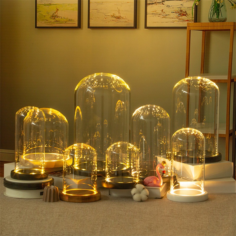 Clear Glass Display Dome with LED Wood Base Microlandscape Miniature Dollhouse DIY Holder Flower Preservation Vase Holder 5358 Q2 от DHgate WW