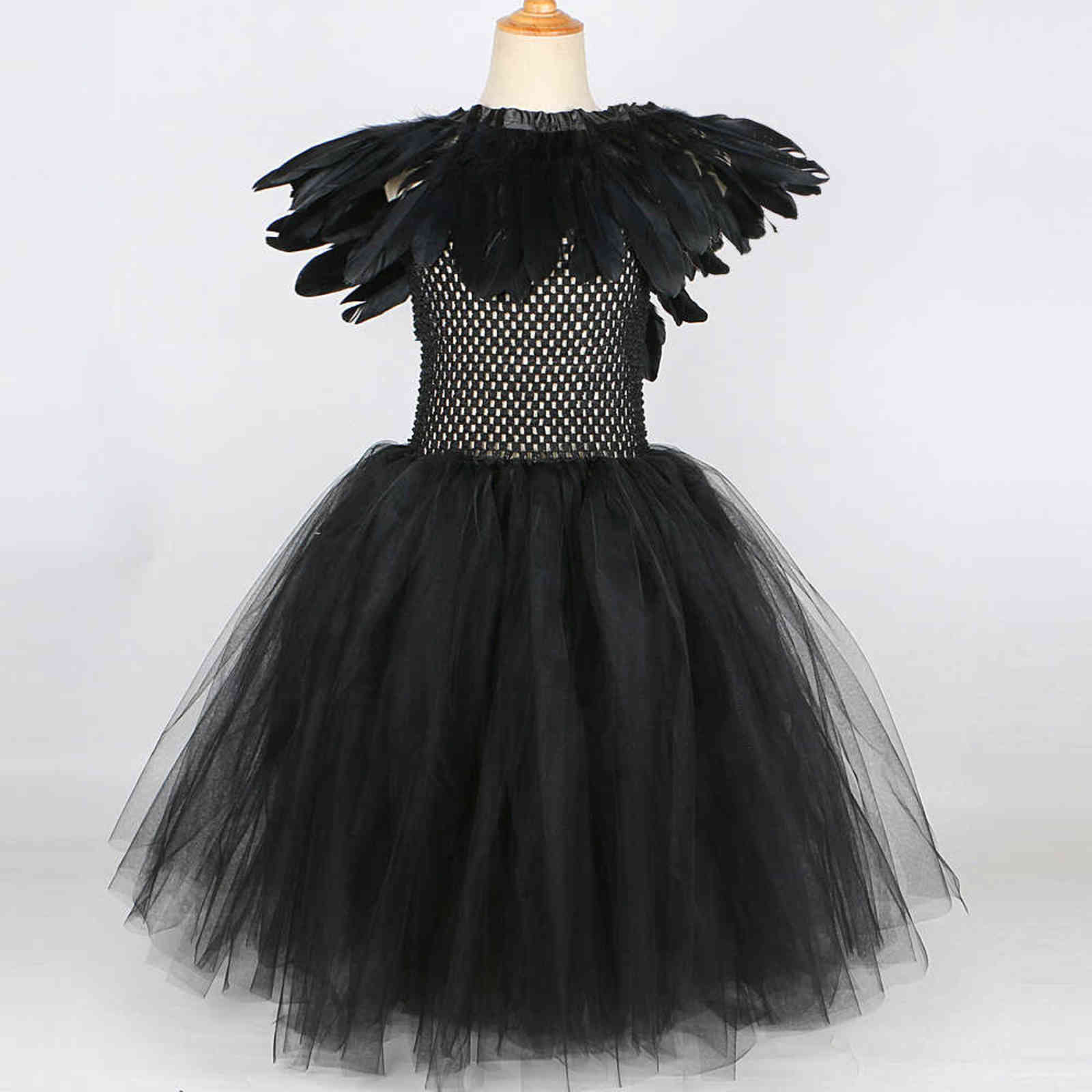 Black Feather Halloween Costumes for Girls Kids Evil Queen Long Tutu Dress with Horns Wings Villian Witch Cosplay Outfit Set 211130