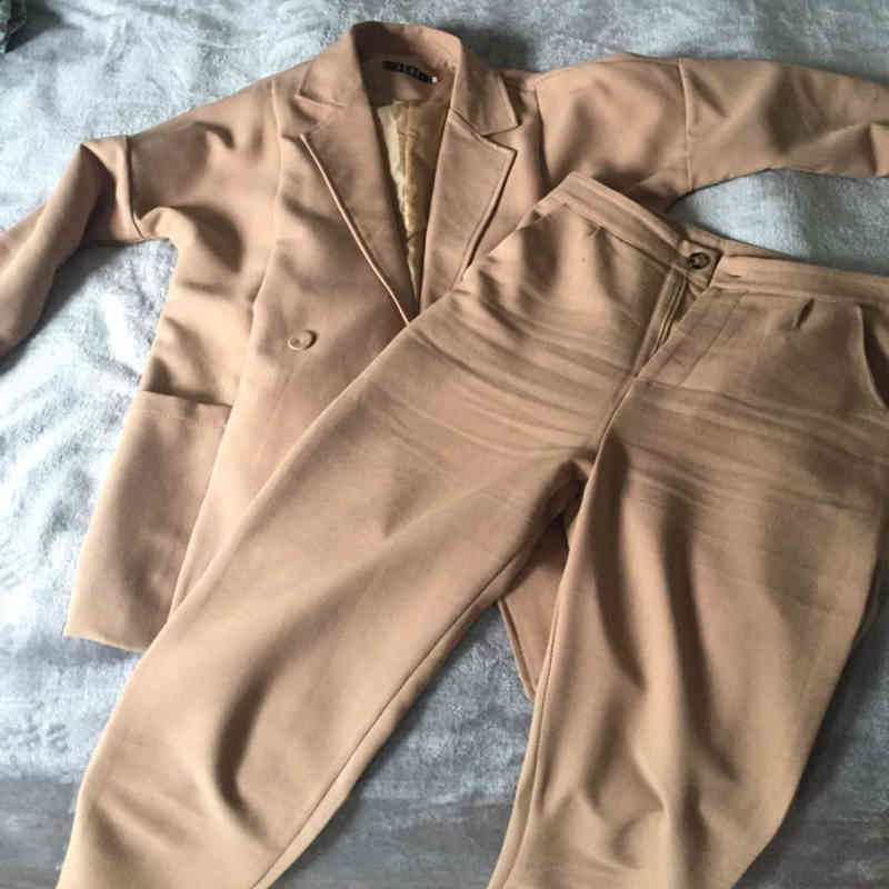 Arrival Autumn high quality Solid Women Pant Suits Notched Collar Blazer Jacket & Pencil Khaki Female Suit S11 210512