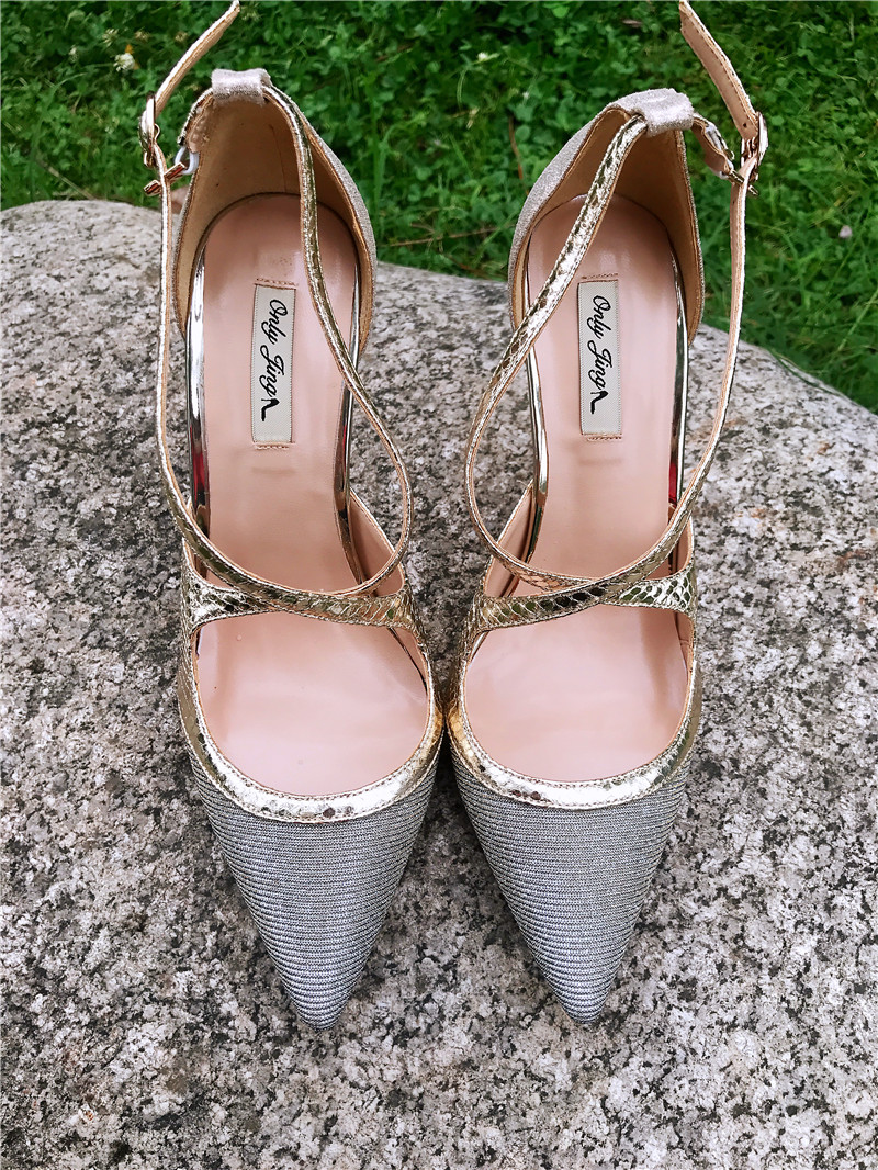 2021Fashion Femmes Pumps Gold Glitter Criss-Cross Point Toe High Talons Chaussures Talons minces Chaussures Véritable Mariée en cuir véritable 1