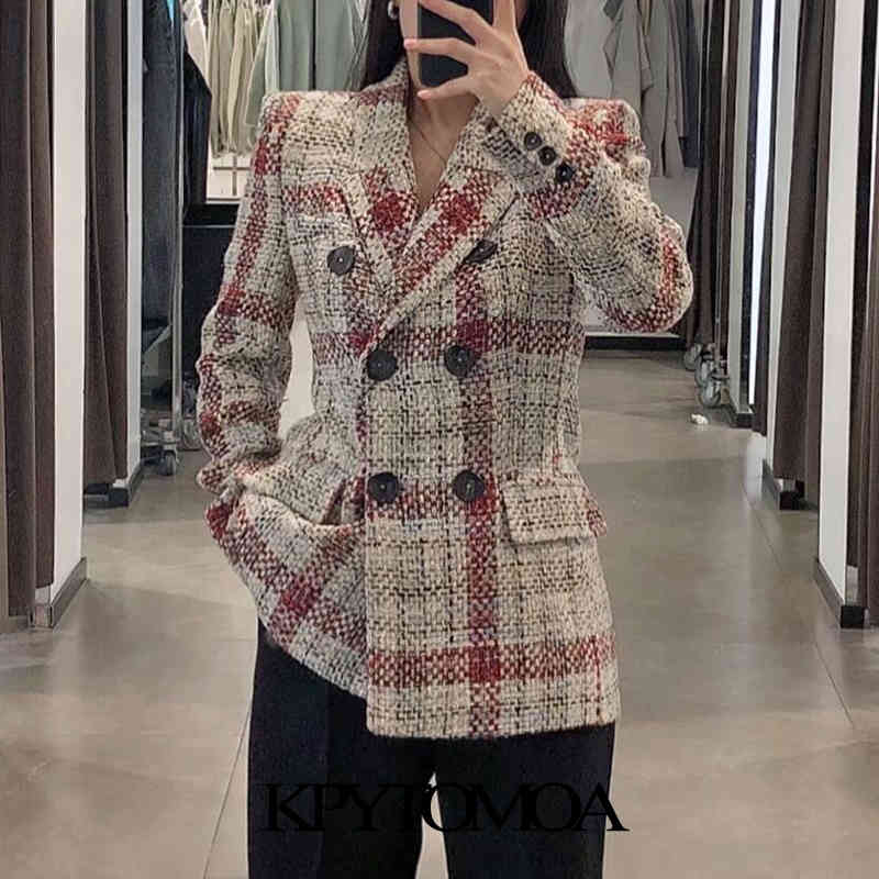 Women Fashion Double Breasted Check Tweed Blazer Coat Long Sleeve Pockets Female Outerwear Chic Tops 210420