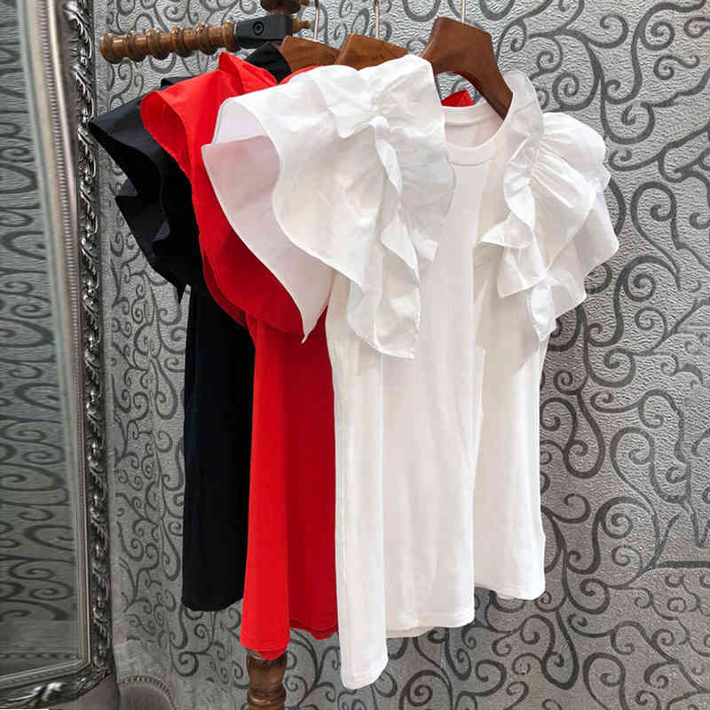 TWOWINSYLE Casual Patchwork Ruffle Shirt For Women O Neck Short Sleeve Slim Solid Shirts Female Fashion Summer 210524