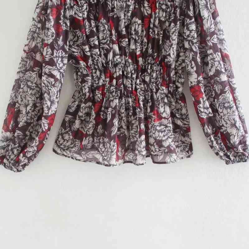 Vintage Women Flower Printed Chiffon Pleated Shirts Female Smock Long Sleeve Blouses Casual Lady Loose Tops Blusas S8226 210430