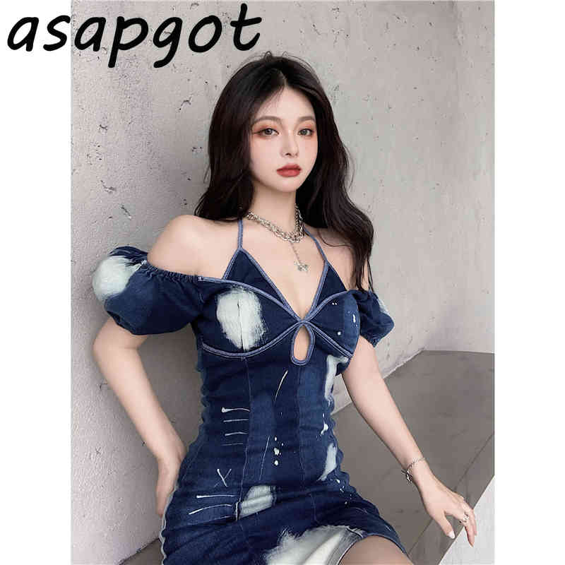 Dresses Sexy Spaghetti Strap Off The Shoulder Blue Denim Tie Dyed Dress Women Halter Party Vintage Vestido De Mujer Hollow Out 210429
