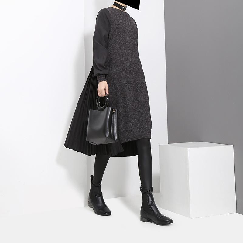 Women Autumn Winter Slim Black Pleated Dress Ladies Fashion Solid Color Plus Size Vestidos Female Brand Casual Dresses ZM765