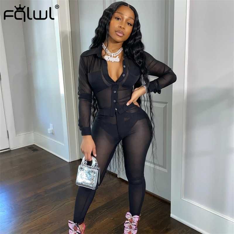 FQLWL See Through Sexy Club Neon 2 Two Piece Set Women Outfits Long Sleeve Bodycon Mesh Shirt Leggings Women Matching Sets 2020 T200826