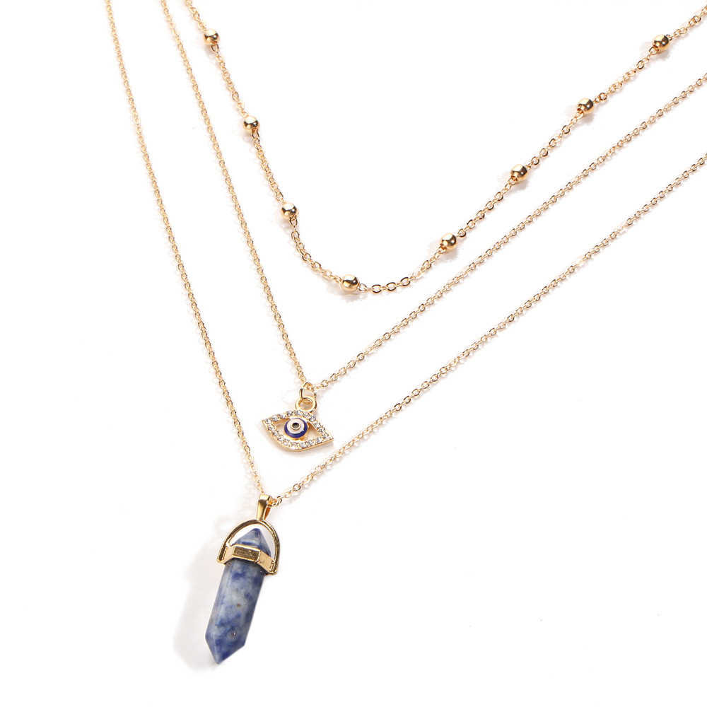 Blue Evil Eye Stone Necklaces Women Natural Crystal Quartz Chakra Bullet Hexagonal Prism Point Healing Pendant Beads Necklace Fashion Multi Layered Ch
