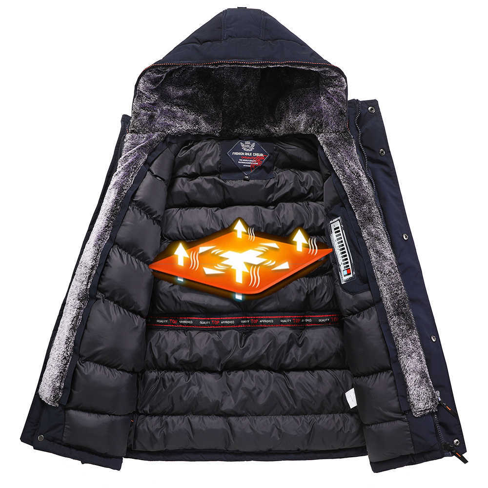 Men Winter Casual Long Thick Fleece Hood Waterproof Parkas Jacket Coat Men Outwear Fashion Pockets Parka Jacket 58 Plus 210818