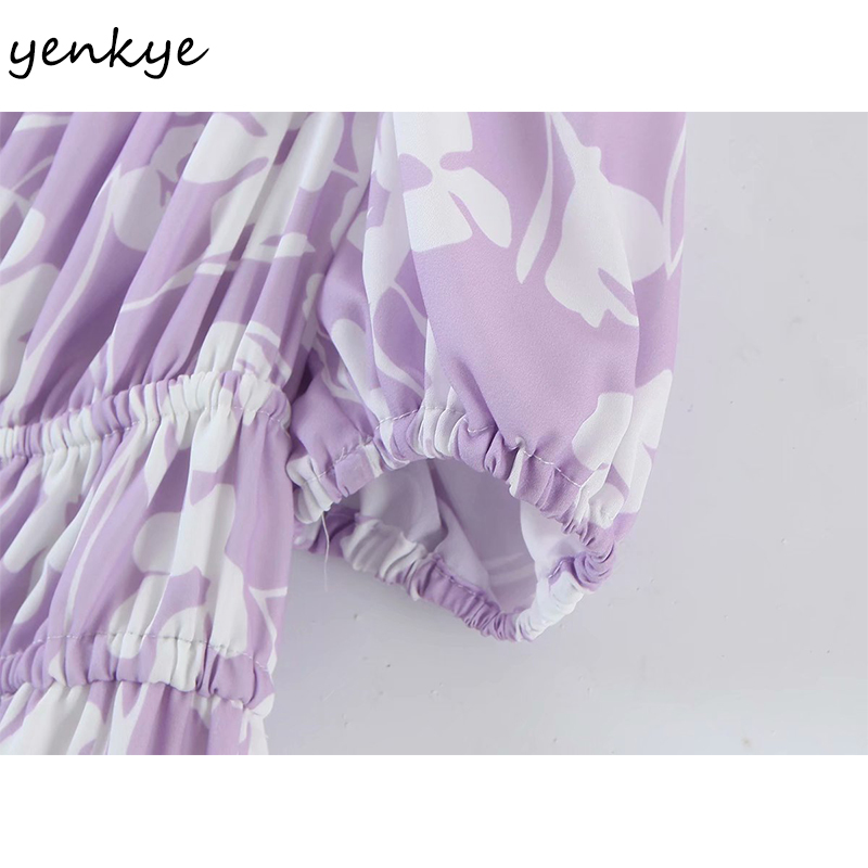 YENKYE Holiday Summer Dress Women Sexy Collar Puff Sleeve Drawstring Lace Up Robe Femme Floral Print Short Vestido Casual 210515