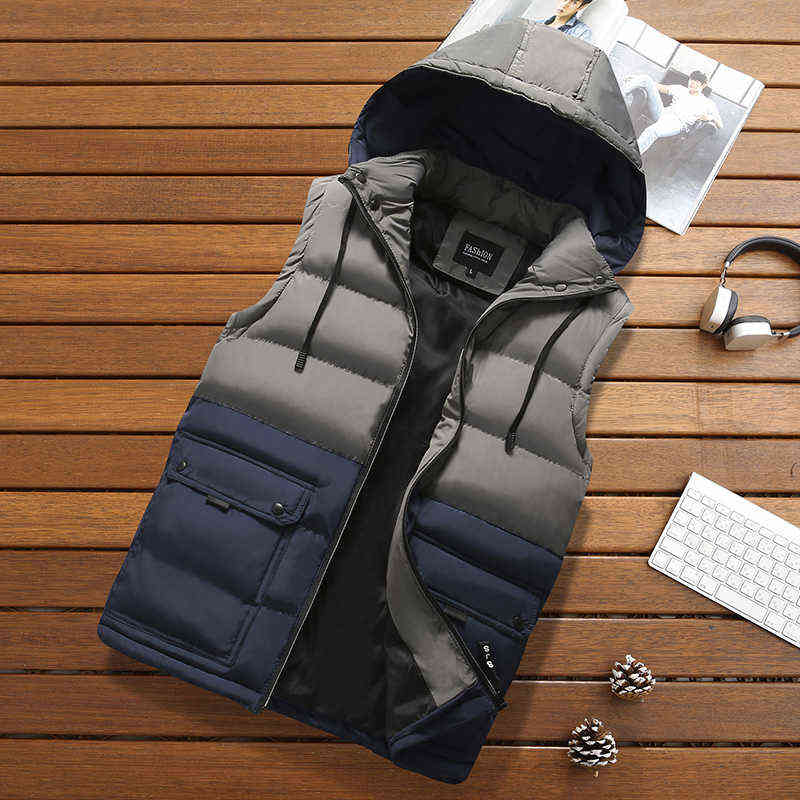 CHAIFENKO Men's Vest Jacket Winter Waterproof Warm Sleeveless Men Jacket Fashion Hooded Casual Vest Men Autumn Thicken Waistcoat 211111