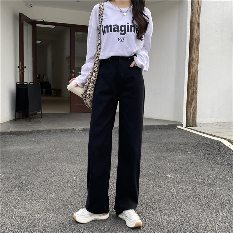 High Waist All Match Hearts Streetwear Women Light Washed Casual Straight Plus Size Denim Pants Loose Wild Trousers 210421