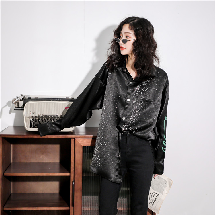 Rhinestone Blouse Women Shirt Letter Print Long Sleeve Button Up Plus Size Tops Fashion Fall Clothes 210427