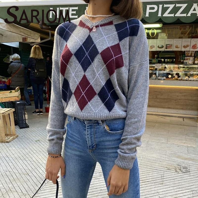 Preppy Style Argyle Plaid Sweater Patchwork Long Sleeve V Neck Jumper Black Autumn Knitted Loose Pullover Sous Pull Femme Women' Sweaters
Preppy Style Argyle Plaid Sweater Patchwork Long Sleeve V Neck Jumper Black Autumn Knitted Loose Pullover Sous Pull Femme Women' Sweaters