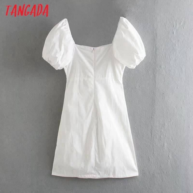 Summer Women Beading Bow White Square Neck Short Sleeve Ladies Mini Dress Vestidos 3D38 210416