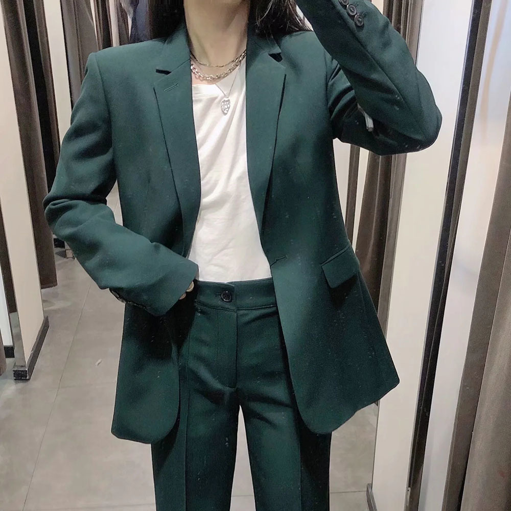 BBWM Women Fashion Office Wear Single Button Blazer Green Coat Vintage Long Sleeve Back Vents Female Outerwear Chic Veste 210520