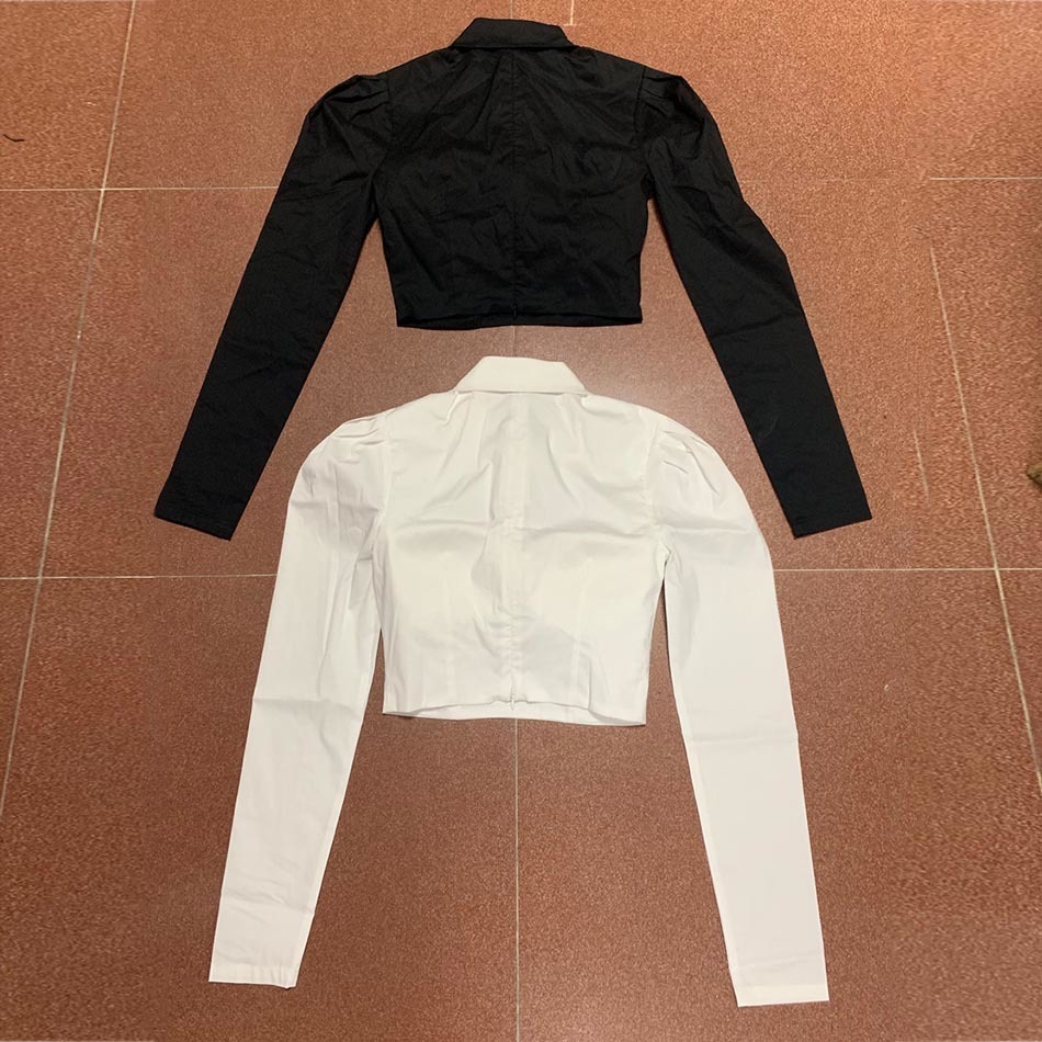 Free Chic Hollow Shirt Summer Women's Lapel Long Sleeve White Sexy Slim Crop Top Fashion Club 210524