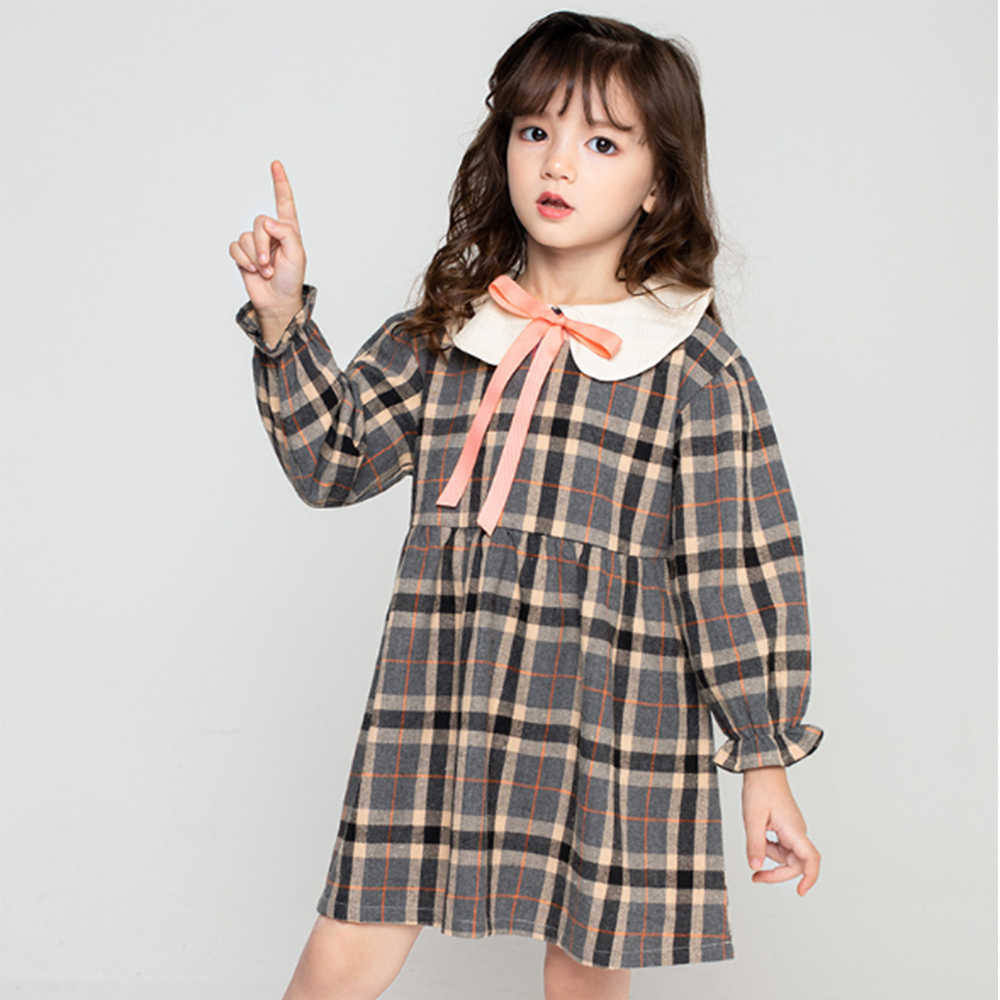 Mudkingdom Kids Dress for Girl Ruffle Cuff Princess Autumn Girls Plaid Peter Pan Collar 210615