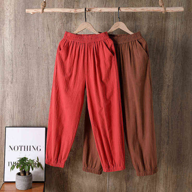 Summer Autumn Casual Cotton Linen Pants Women Elastic Waist Solid Basic Loose Women's Harem Plus Size Trousers 211115