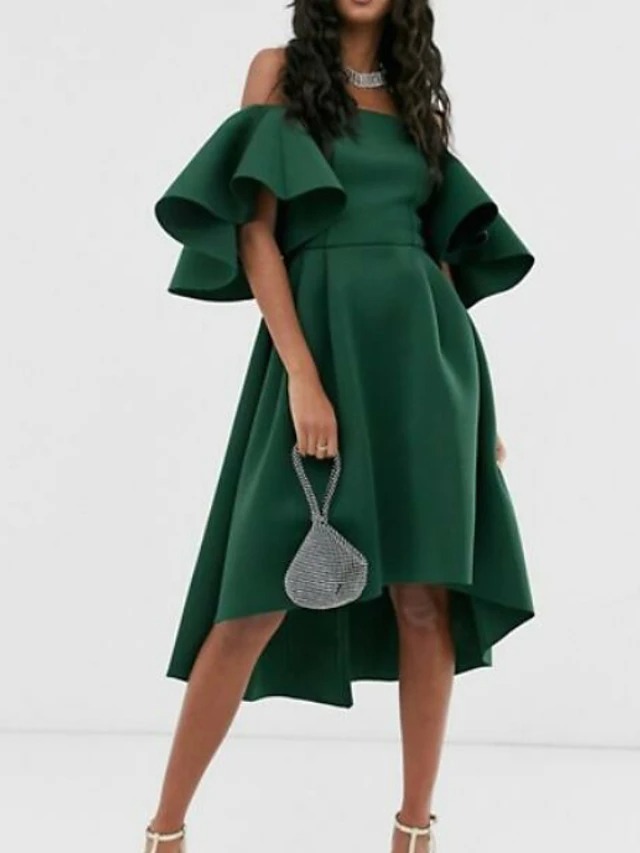 Simple Satin Green Evening Dresses A Line Off Shoulder Short Sleeve Party Gowns Red Carpet Fashion Prom Formal Daily Outfits