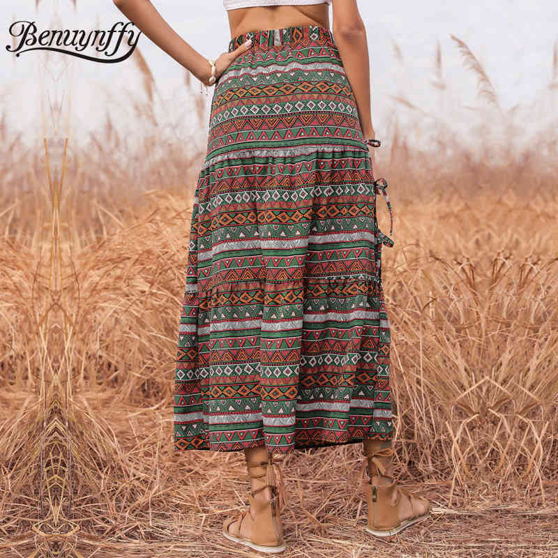 Tie Side Ethnic Print Split Long Skirts Women Summer Vacation Bohemian High Elastic Waist Female Casual Maxi Skirt 210510