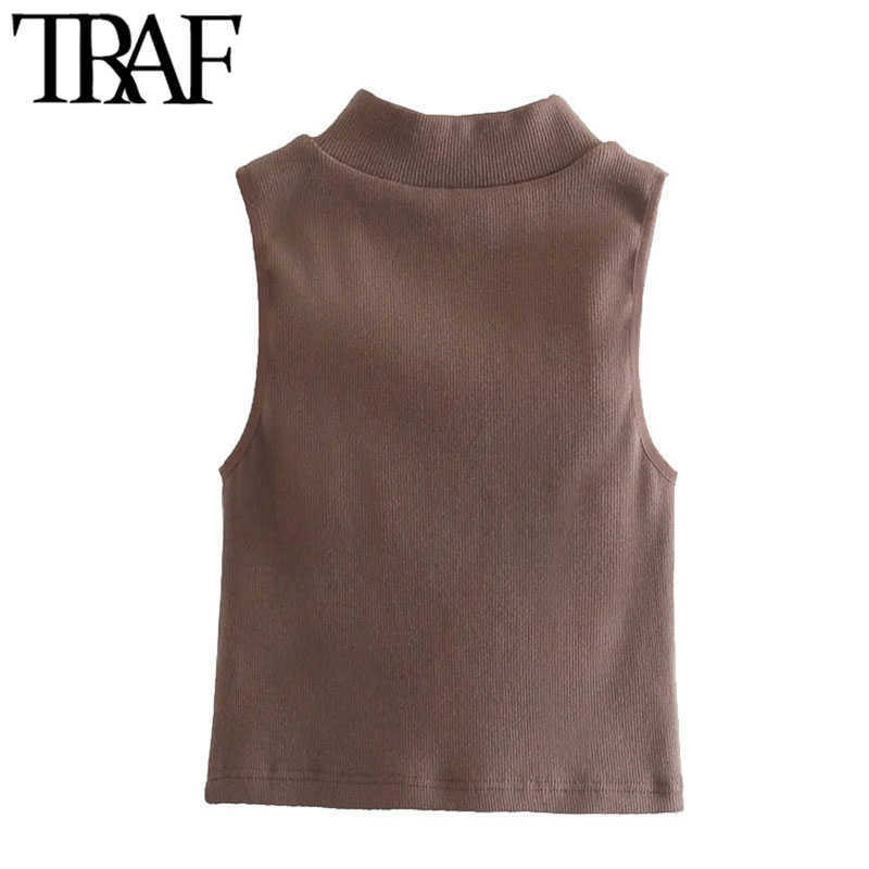TRAF Women Fashion Stretch Slim Ribbed Knit Tank Tops Vintage High Neck Sleeveless Female Camis Mujer 210625