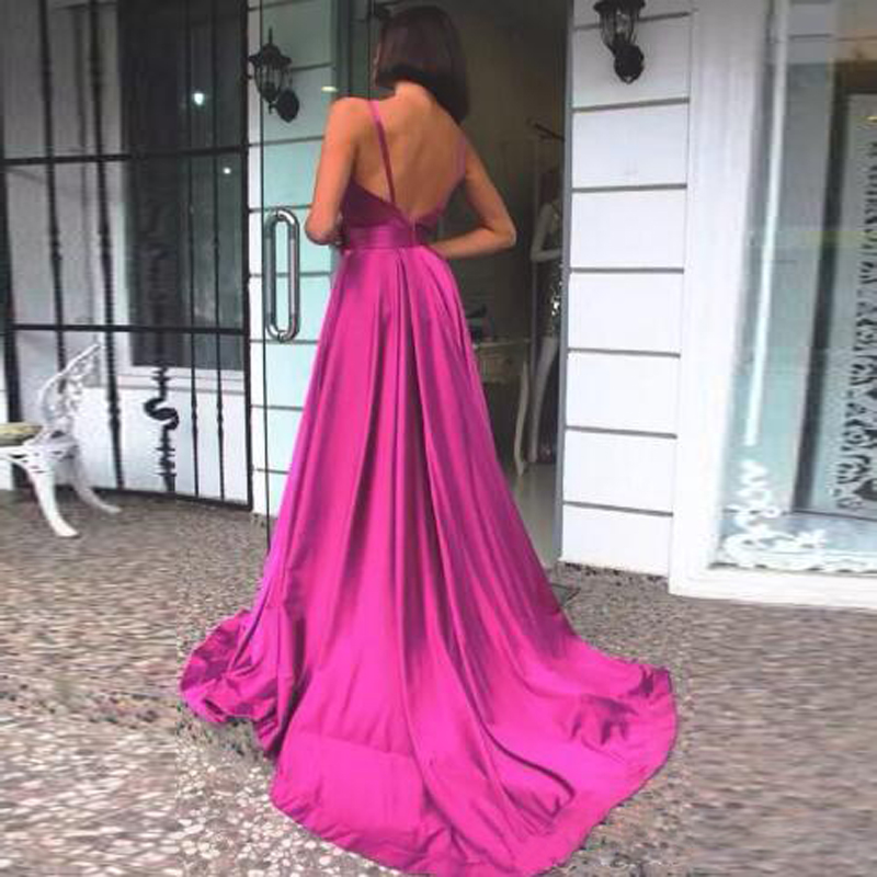 Fuchsia V Neck Backless Prom Dresses Long A Line Spaghetti Strap Sweep Train Evening Dress Party For Women Gown Formal Gowns