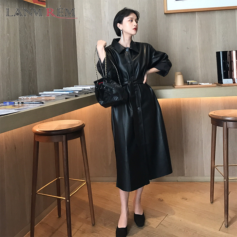 spring turn-down collar PU leather single breasted waist belt confortable trench coat female fashion YG625 210427