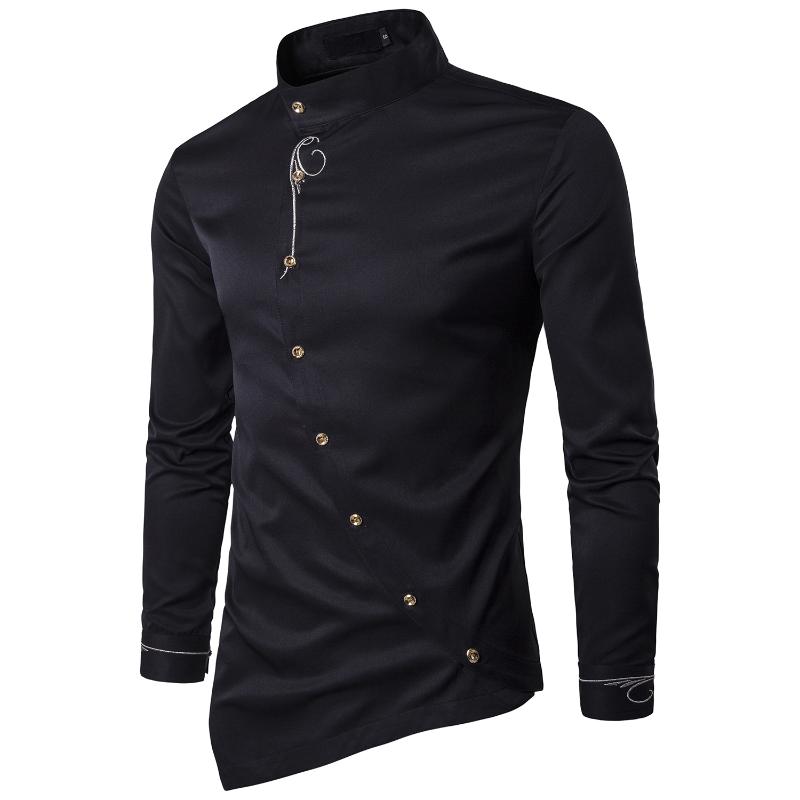 Men's Casual Long Sleeve Oblique Button Down Dress Shirt Tops With Embroidery 2021 Fashion Male Irregular Hem Slim Fit Shirts