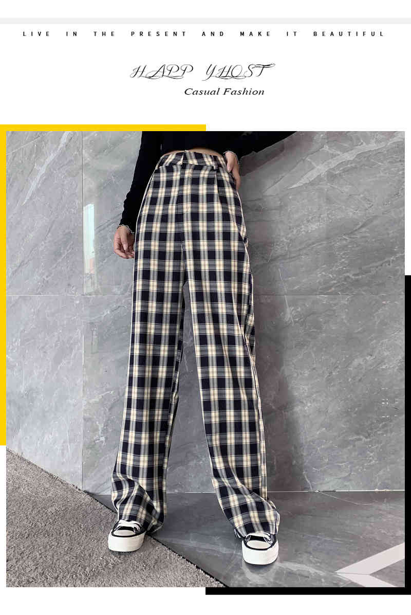 Vintage Elegant Plaid Women Casual Long Pants Street Korean Fashion High Waist Straight Wide Leg Pant 210519