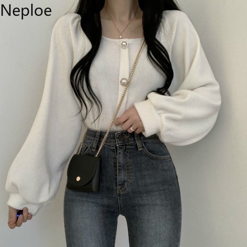 Neploe Square Collar Vintage Sweater Women Lantern Sleeve Pearl Button Knitted Pullovers Tops Korean Loose Fashion Pull Femme 210422