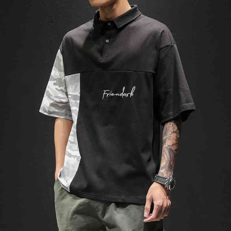 Hong Kong fashion summer camouflage stitching short sleeve polo men's Lapel casual loose large embroidered T-shirt, White
Hong Kong fashion summer camouflage stitching short sleeve polo men's Lapel casual loose large embroidered T-shirt, White