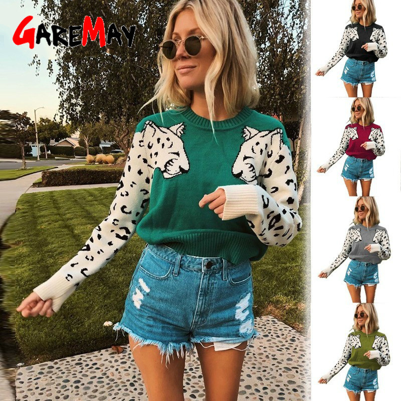 Women Animal Knitted Sweater Casual O Neck Long Sleeve Pullovers Autumn Basic Pull Femme Knitting s Jumpers 210428