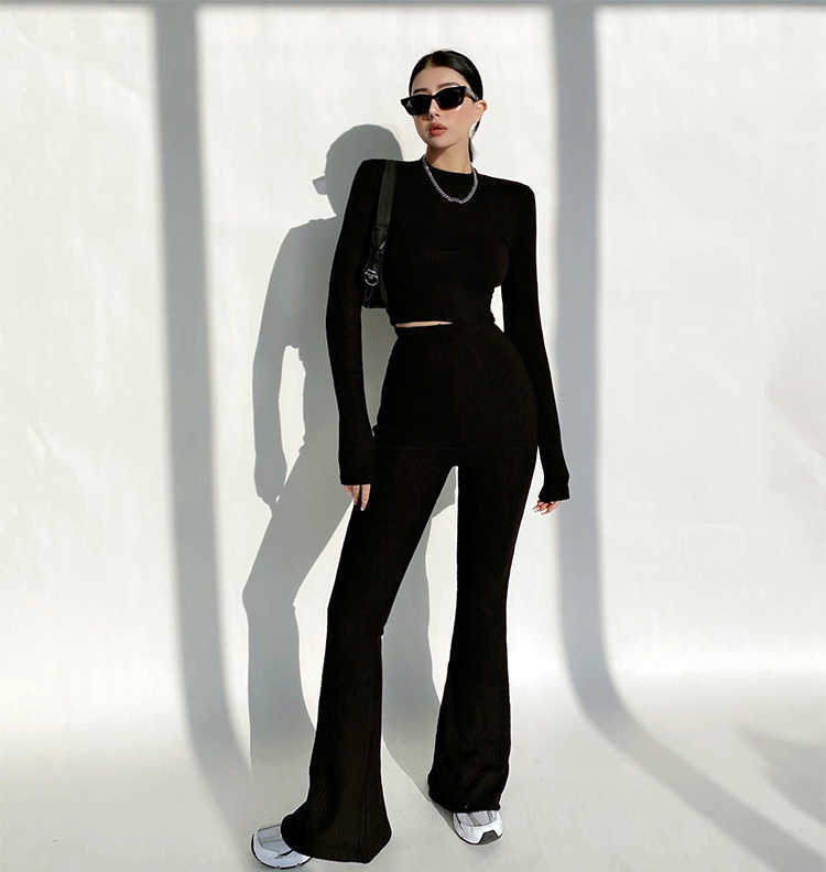 Women High Neck Ribbed Crop Top And Stretch Waist Flare Rrousers Co-ord Korean Sweater Tops + Pants Set QW54 210603
