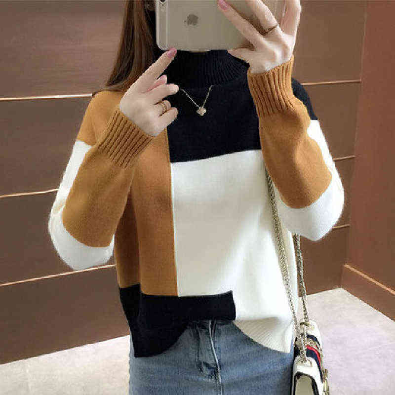 JMPRS Patchwork Women Pullover Sweater Autumn Loose O Neck Long Sleeve Knitted Thick Korean Fashion Female Jumper Sweater Top 211109