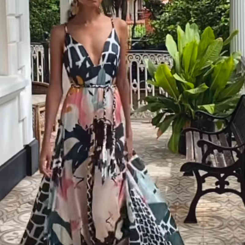 VGH Print Sling Dress For Women V Neck Sleeveless High Waist sashes slim Hit Color Summer Casual Dresses Female Fashion 210421