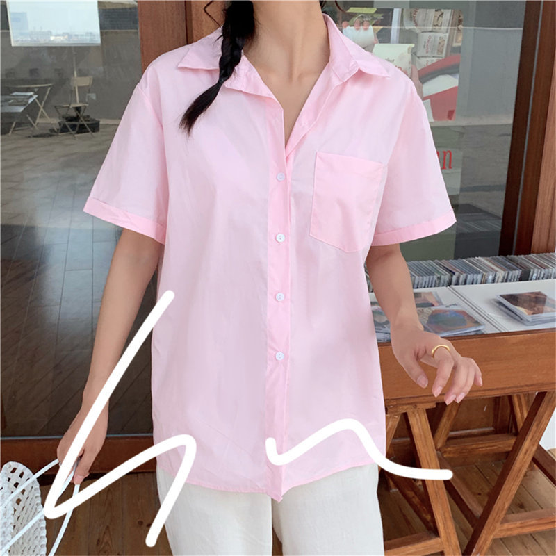 All Match Brief Tops Blouses Solid Office Lady Short Sleeves Loose Cotton Chic Summer Pockets Shirts 210421