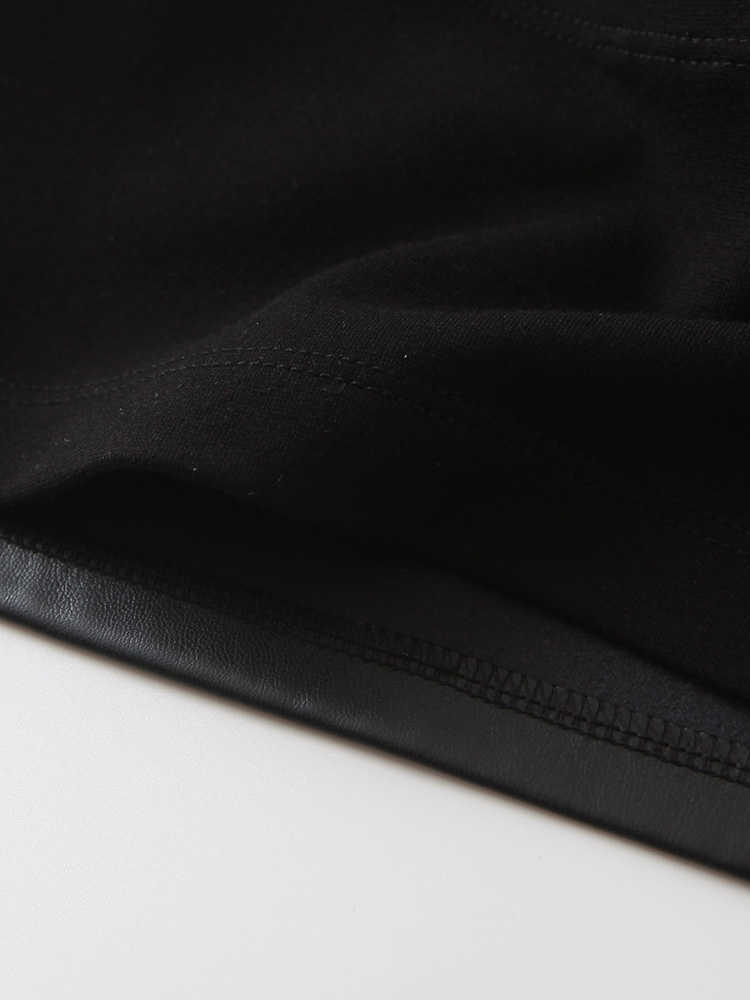 BIAORUINA Women's Sleeveless Black PU V-neck Sexy Short Camisole Female Club Style Backless Patchwork Fashion Tank Top Crop Tops 210625