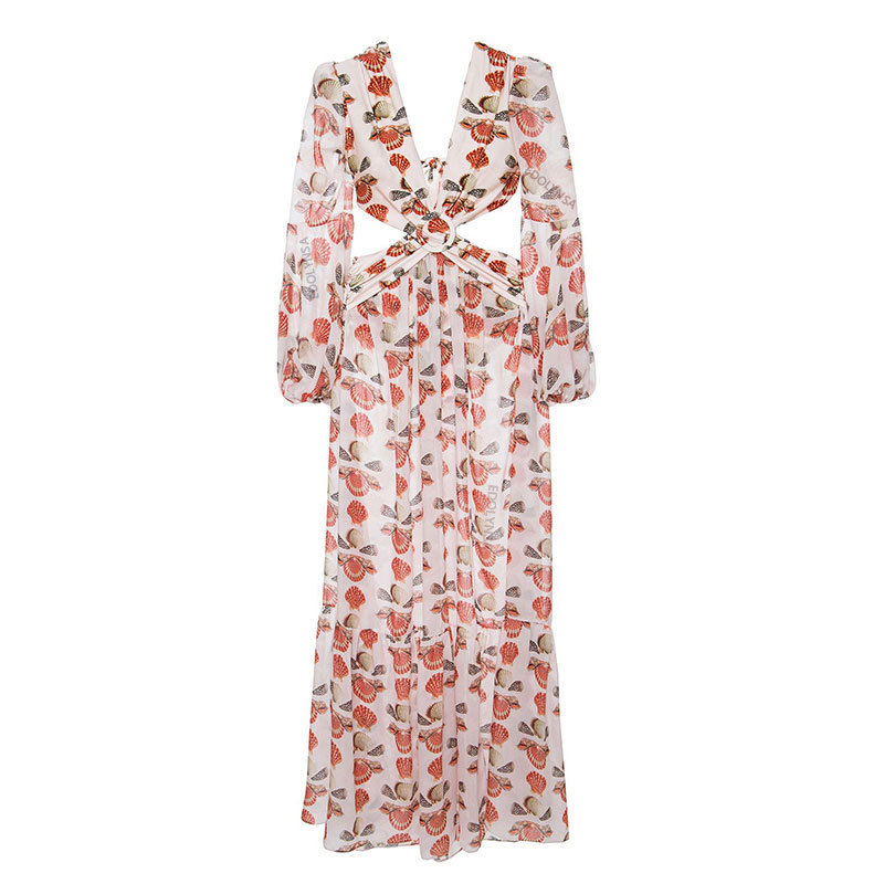 Vintage Shells Print Bikini Cover-ups Sexy Cross Open Back Long Sleeve Summer Dress Women Beach Wear Swim Suit Cover Up A889 210420