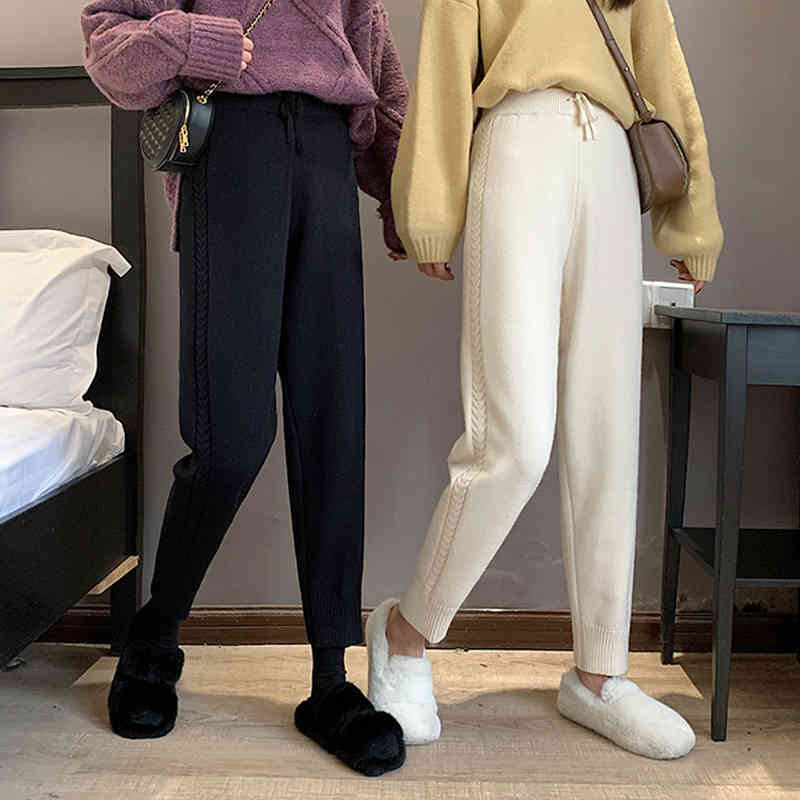 Nomikuma Autumn Winter Knitted Women Pants Lace Up Stretch High Waist Ankle Trousers Causal Solid Sweater Pants Femme 6D200 210427