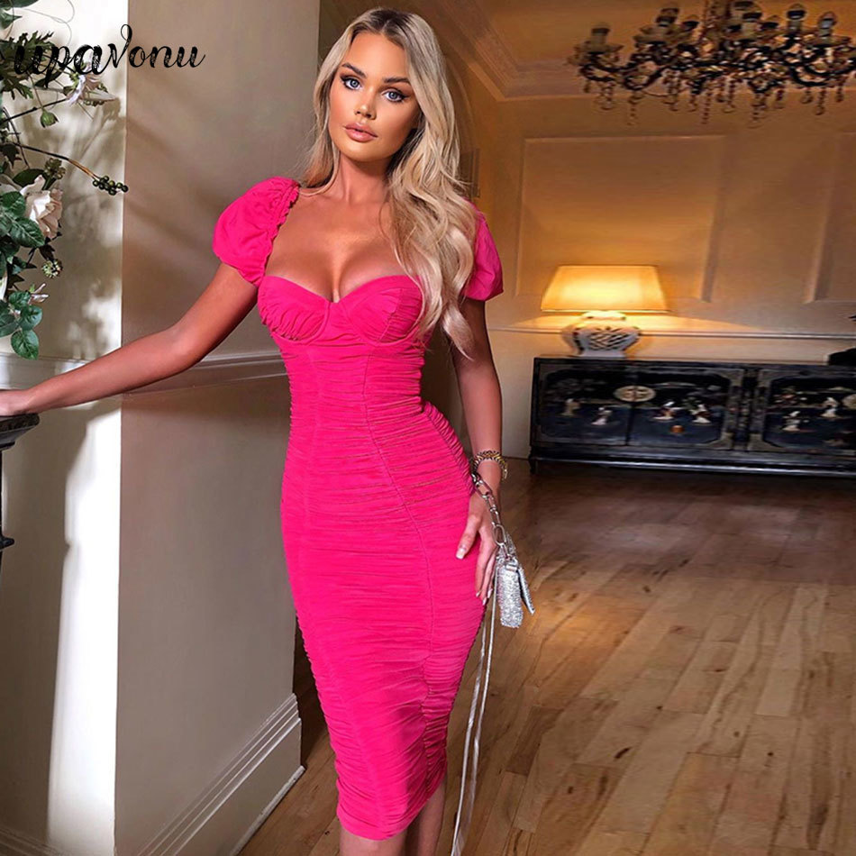 Free Summer Women's Midi Dress Sexy Square Neck Puff Sleeve Mesh Draped Bodycon Club Party Vestido 210524
