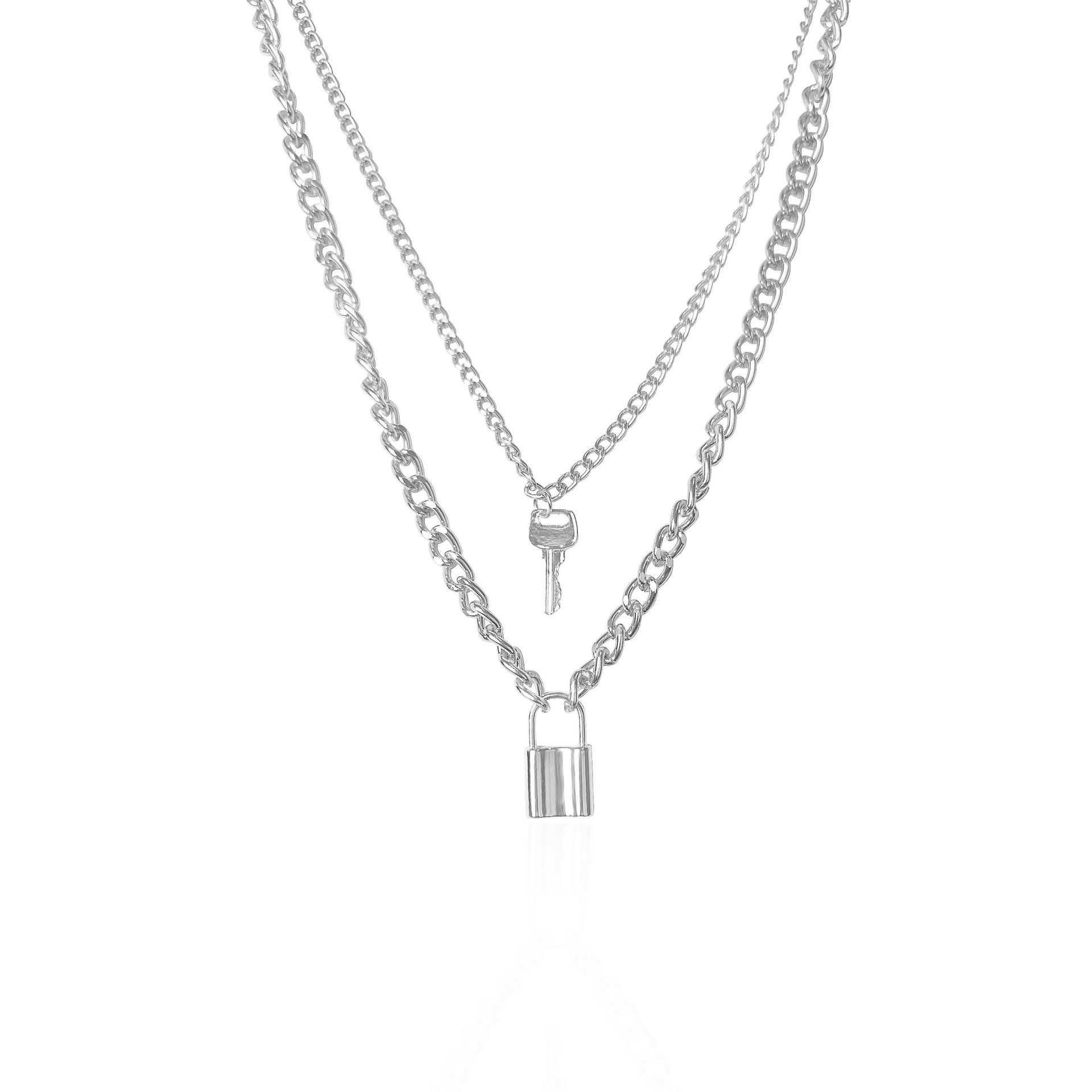 Versatile Chain Pendant Necklace Geometric Key Necklace Female Graceful and Fashionable Multi-Layer Lock Ornament