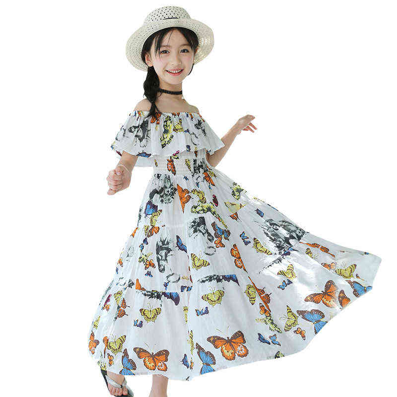 New Girl Dress 2021 New Summer Broken Waist Butterfly Print Children Holiday Cotton Dress Teen Bohemian Dress Beach,#6142 G1218