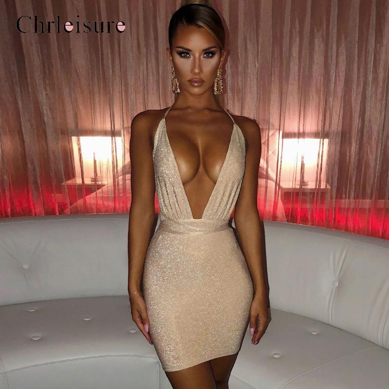 Sexy Backless Glitter Dress Women Deep V Bodycon Mini Dresses Summer Night Club Party dress 210409