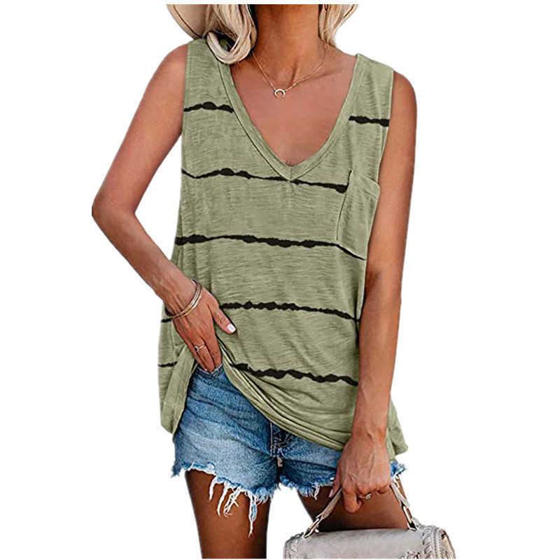 Black Striped Tank Tops for Women Summer Sleeveless V-neck Pocket Pullover Top Khaki Loose Casual Women's Plus Size Clothing 5XL 210604