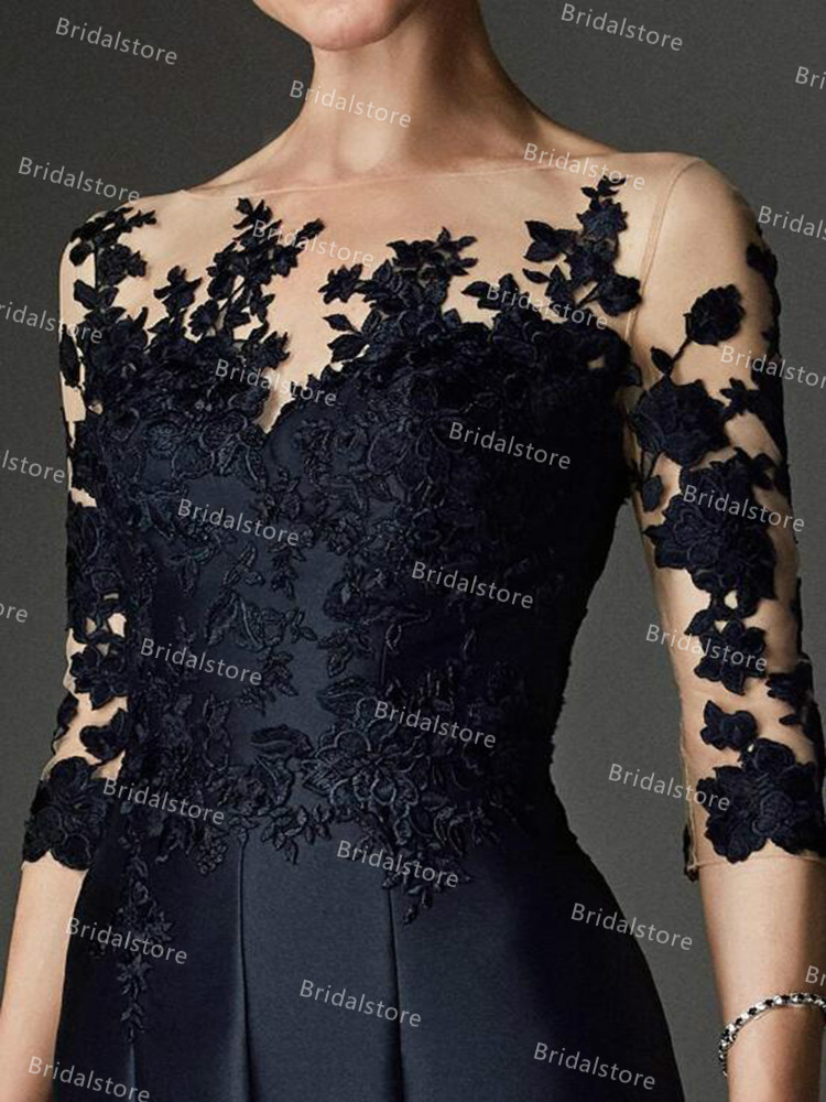 Elegant Black Plus Size Mother Of The Bride Dresses With Sleeves Sheer Neck Lace Knee Length Satin Wedding Guest Party Dress Groom Mom Formal Wear Ski