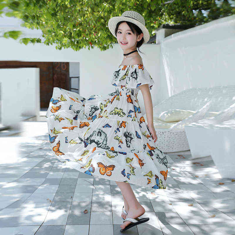 New Girl Dress 2021 New Summer Broken Waist Butterfly Print Children Holiday Cotton Dress Teen Bohemian Dress Beach,#6142 G1218